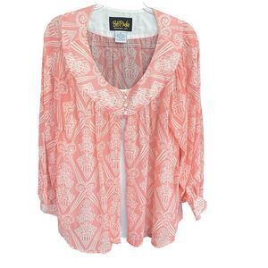 Bob Mackie Silk Blouse Womens Extra Large XL Coral Floral Wearable Art Washable